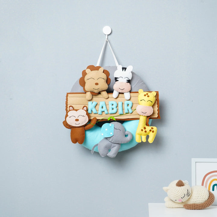 Personalized Felt Jungle Theme Kids Name Plate 3 - Front View Hanging from Hook
