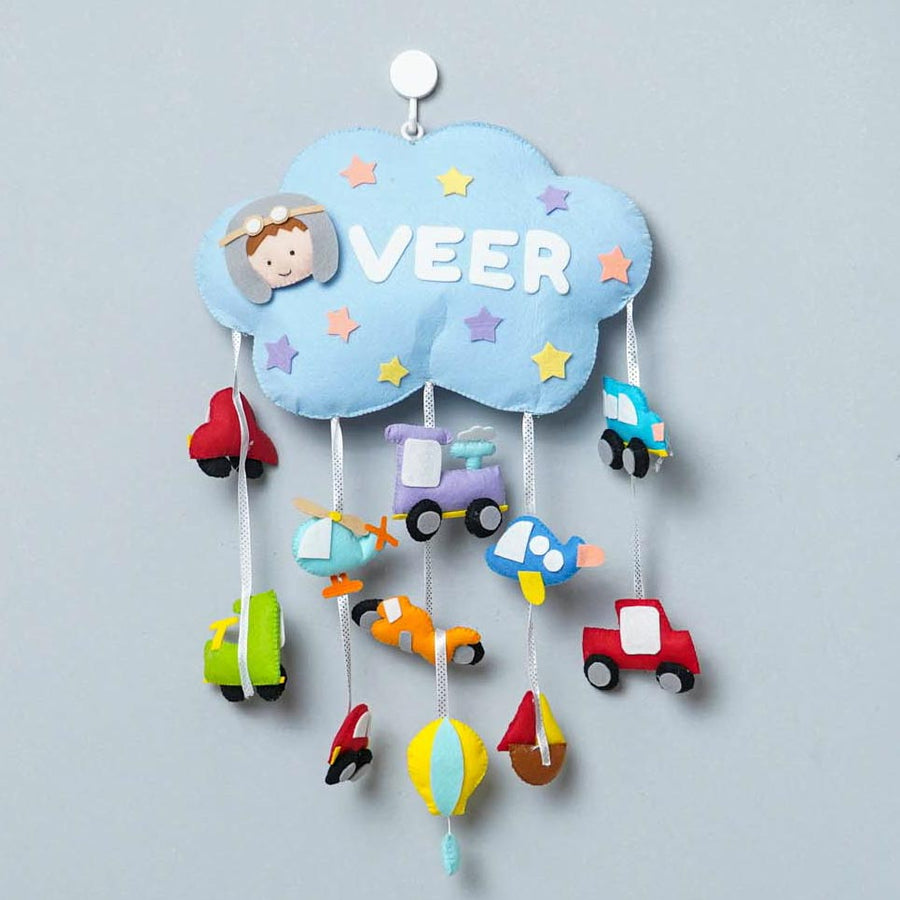 Cars Theme Felt Crib Cot Mobile - Front View Hanging on Hook