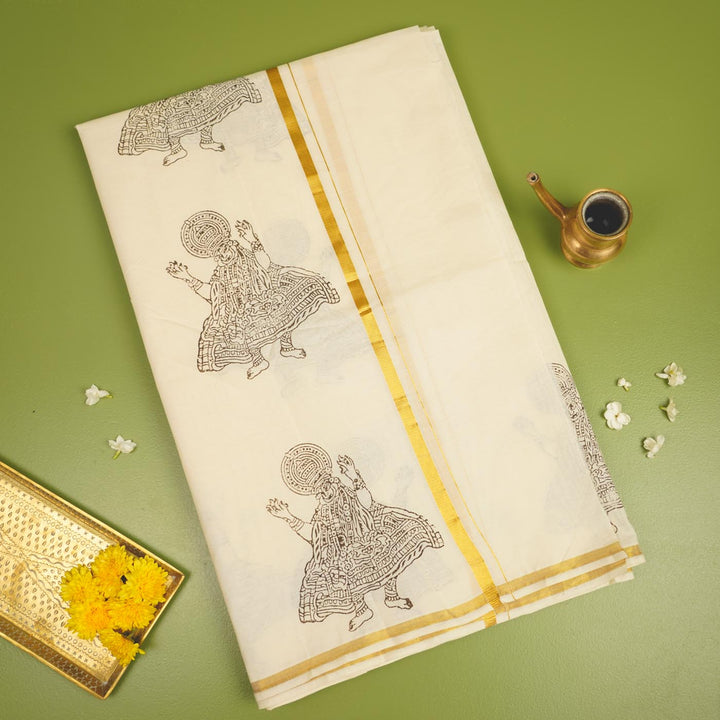 Kathakali Motif Dhoti | Hand Block Printed Traditional Kasavu Dhoti With Golden Zari | Onam Special | 3.5m