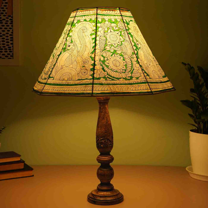 16 inch | Green Floral Peacock Hand Painted Tholu Bommalata Lamp Shade