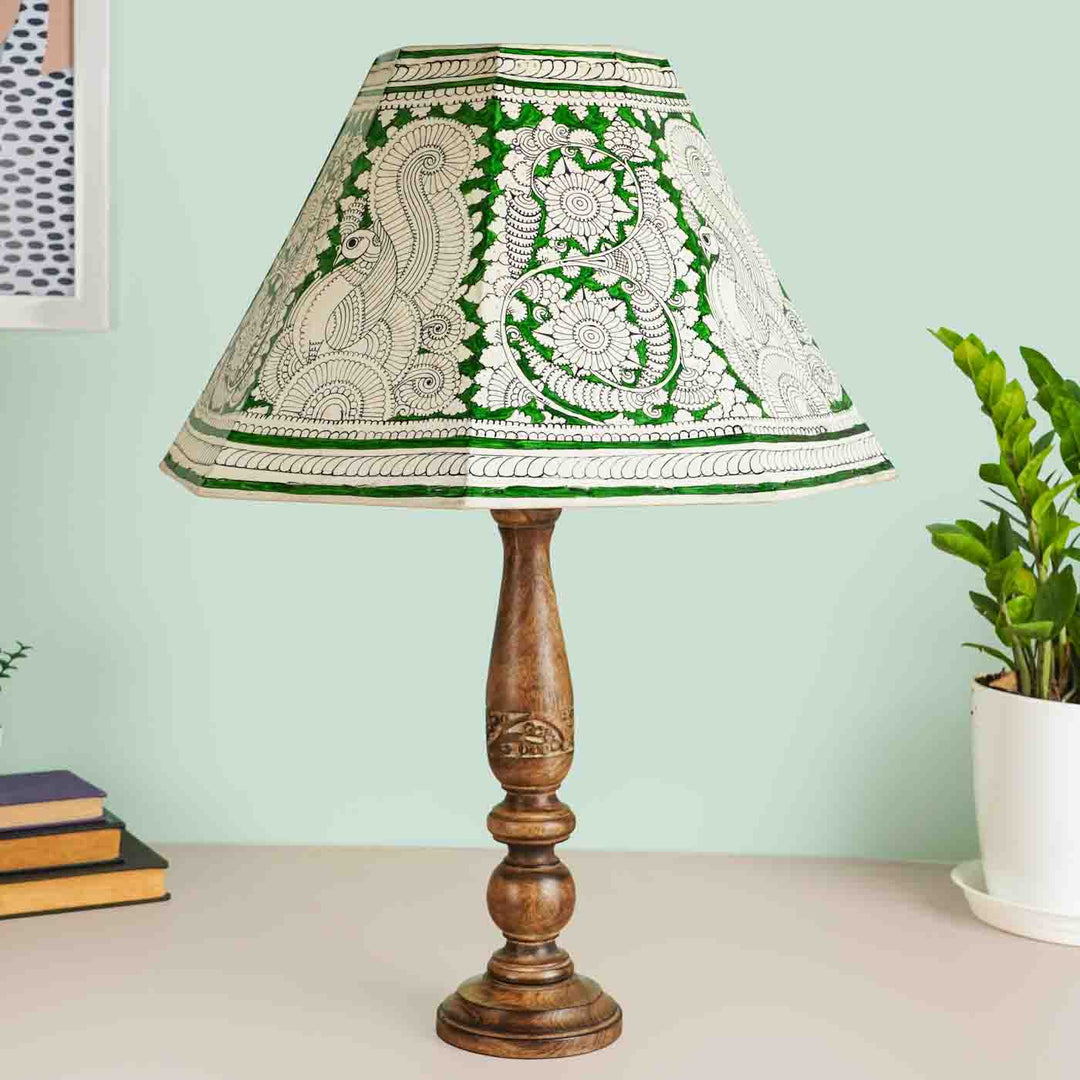 16 inch | Green Floral Peacock Hand Painted Tholu Bommalata Lamp Shade