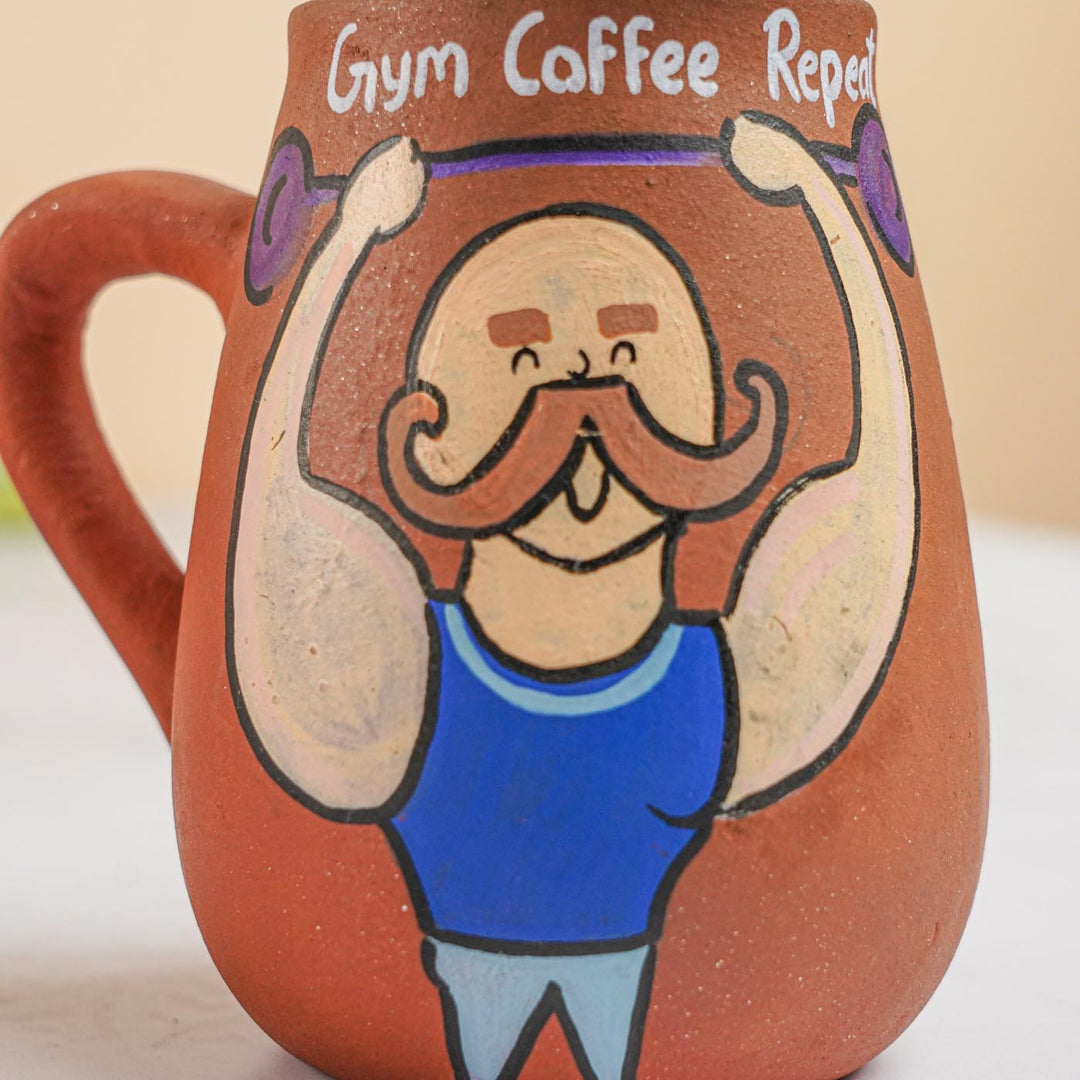 Handpainted Terracotta Mug With Body Builder Avatar Illustrations
