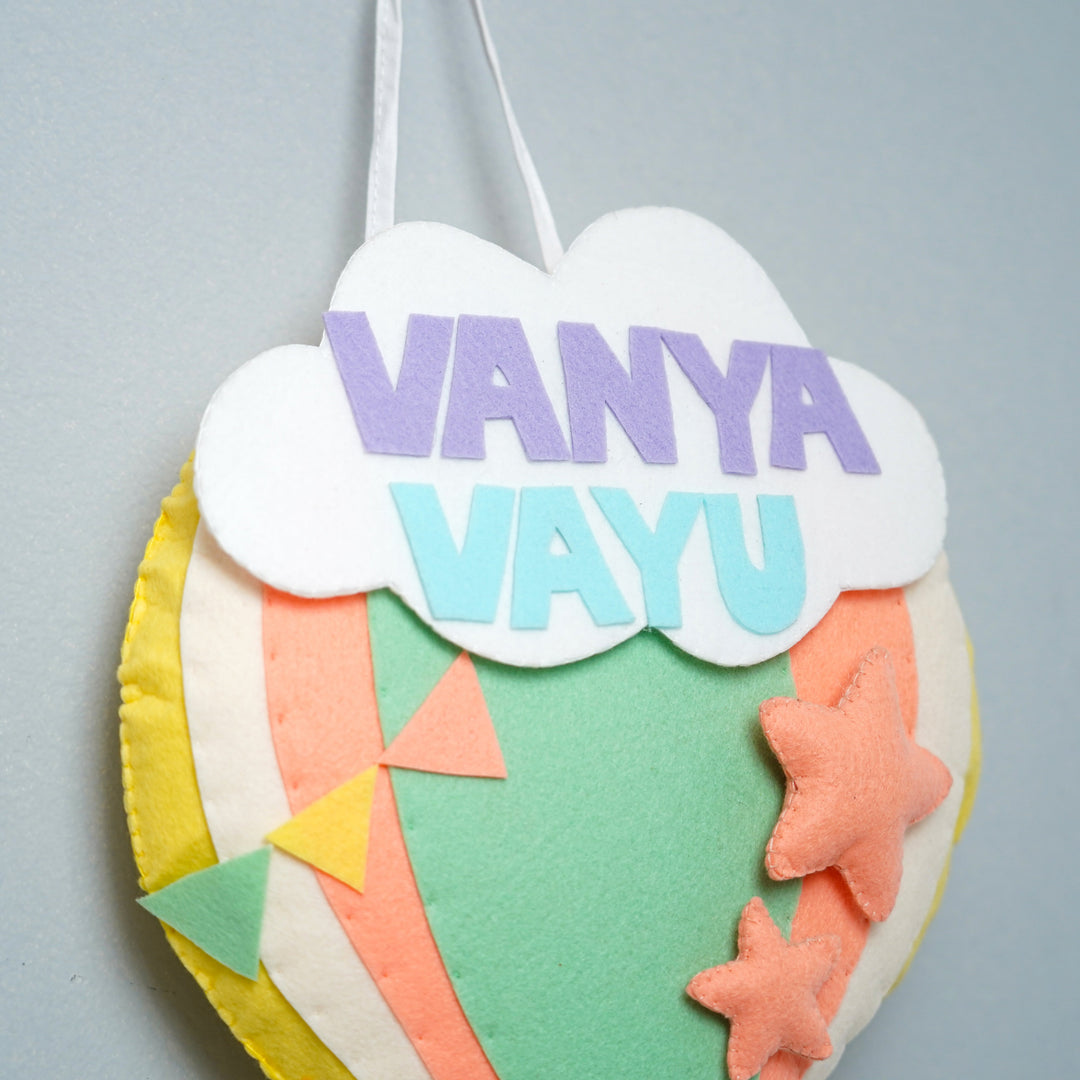 Personalized Felt Bunny Parachute Theme Nameplate For Siblings - Hanging Display with Name Personalization