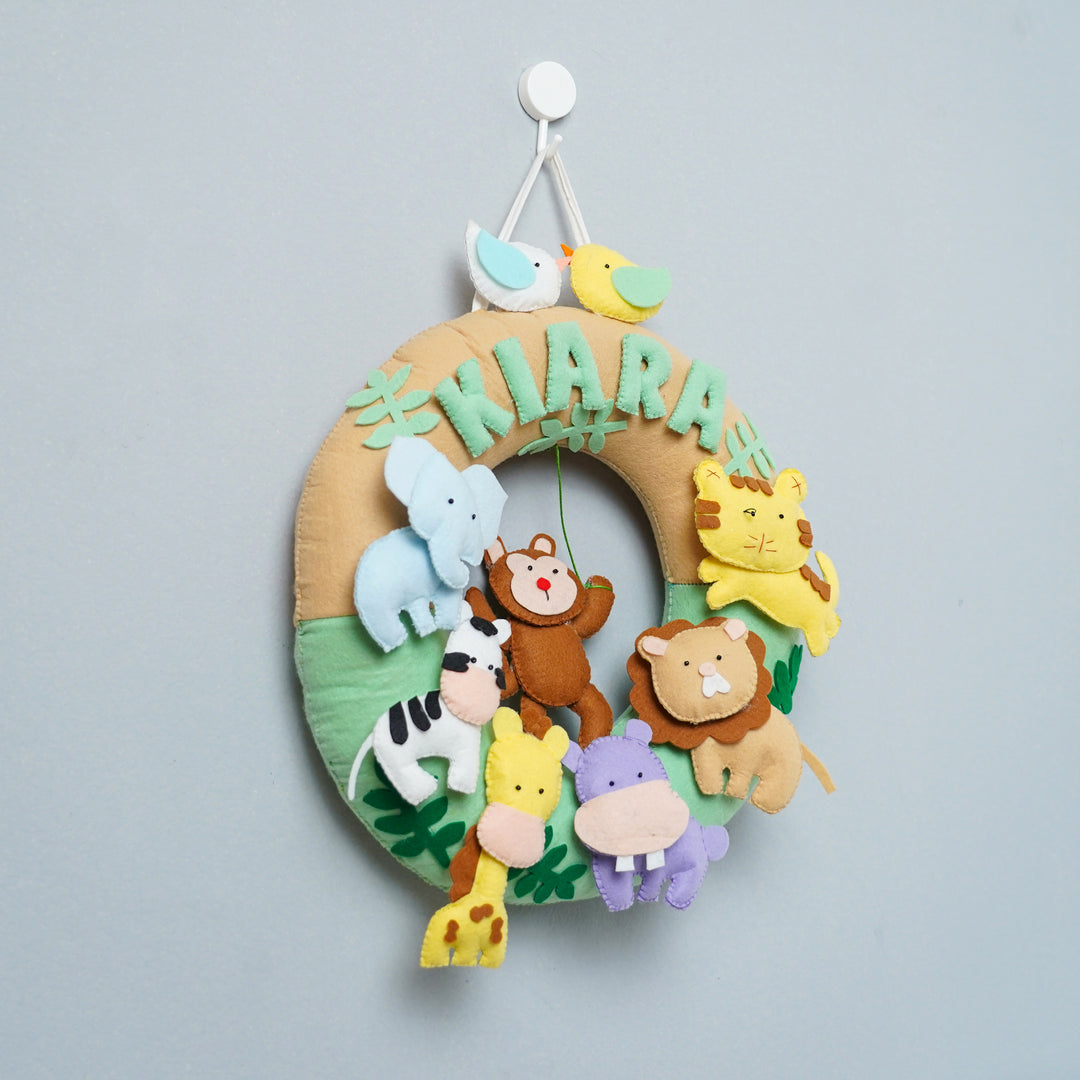 Personalized Felt Jungle Theme Kids Name Plate 3 - Hanging Front View with Name Personalization