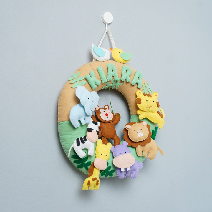 Personalized Felt Jungle Theme Kids Name Plate 3 - Hanging Front View with Name Personalization