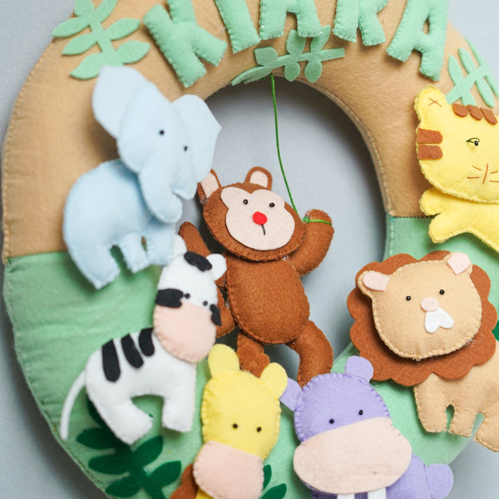 Personalized Felt Jungle Theme Kids Name Plate 3 - Close-up of Front View Hanging Wreath