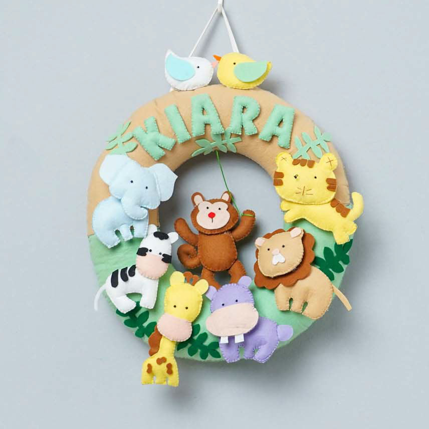 Personalized Felt Jungle Theme Kids Name Plate 3 - Front View Hanging on Wall
