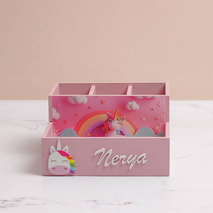 Personalized Unicorn Theme Mdf Wood Stationery Organizer For Kids