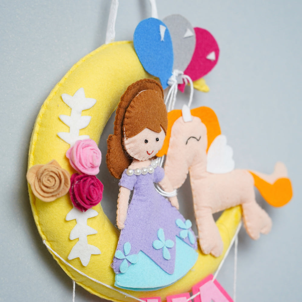 Handmade Princess On The Moon Kids Felt Name Hanging With Birthdate - Side View Hanging Close-up