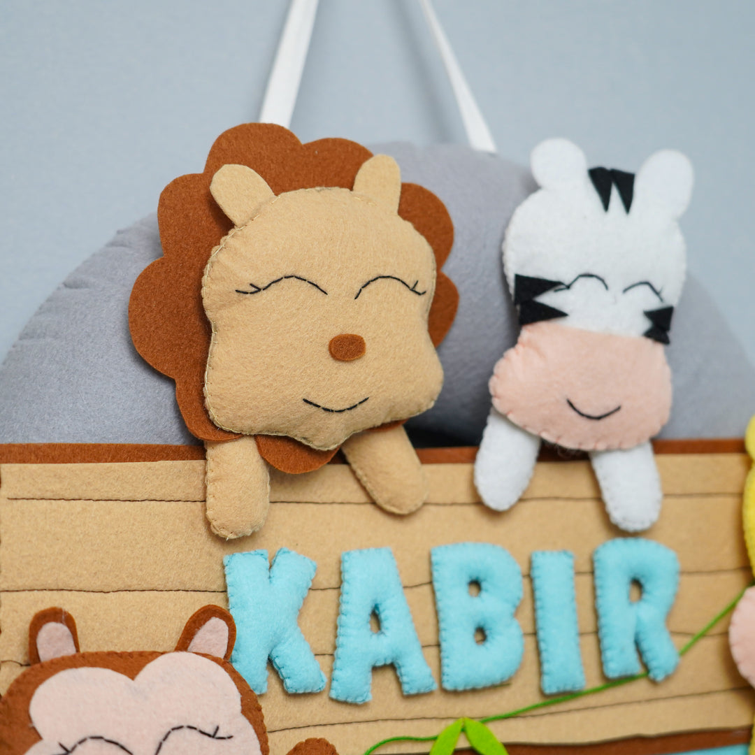 Personalized Felt Jungle Theme Kids Name Plate 3 - Name Personalization Close-up with Plush Faces
