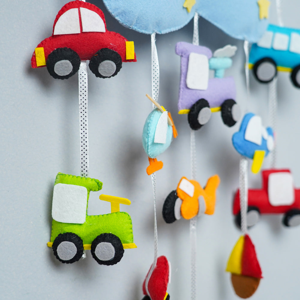 Cars Theme Felt Crib Cot Mobile - Close-up Hanging Mobile Detail View