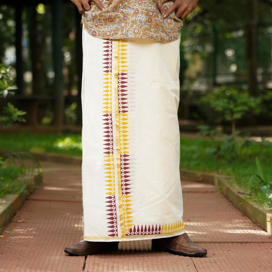 Temple Motif Dhoti | Hand Block Printed Traditional Kasavu Dhoti With Golden Zari | Onam Special | 3.5m
