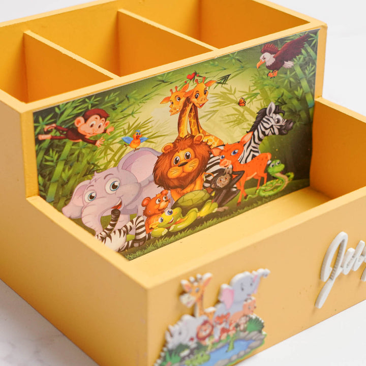 Personalized Jungle Theme Mdf Wood Stationery Organizer For Kids