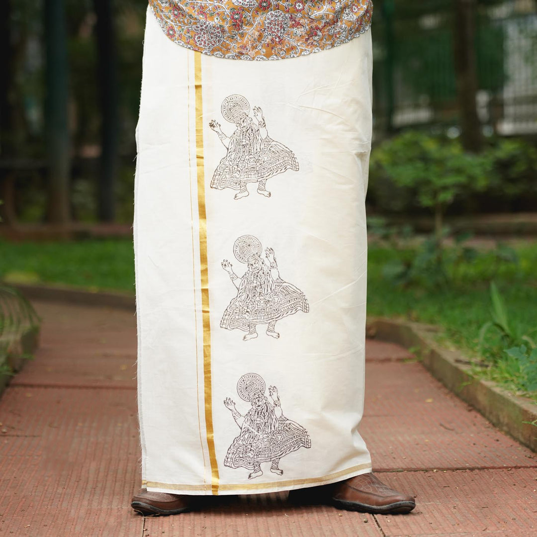 Kathakali Motif Dhoti | Hand Block Printed Traditional Kasavu Dhoti With Golden Zari | Onam Special | 3.5m
