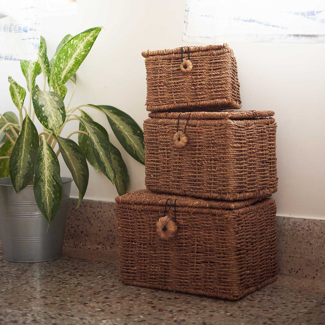 Handmade Wicker Water Hyacinth Storage Box | Set Of 3