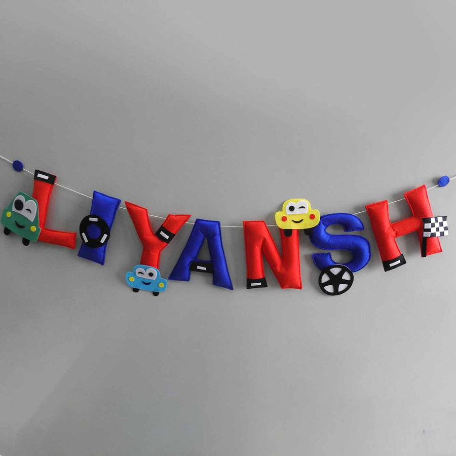 Personalized Handmade Cars Theme Felt Bunting - Hanging Name Banner Front View