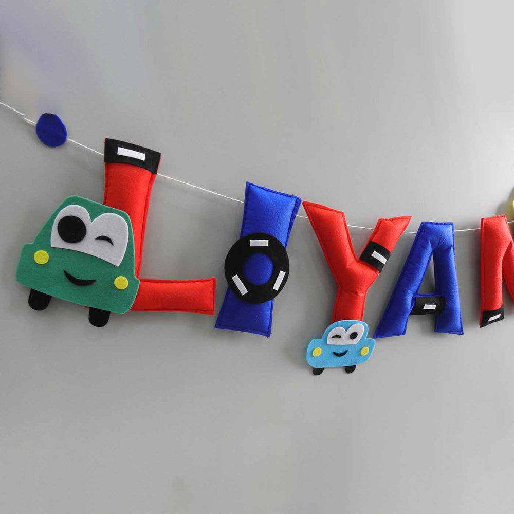 Personalized Handmade Cars Theme Felt Bunting - Hanging Letter Decorations Side View