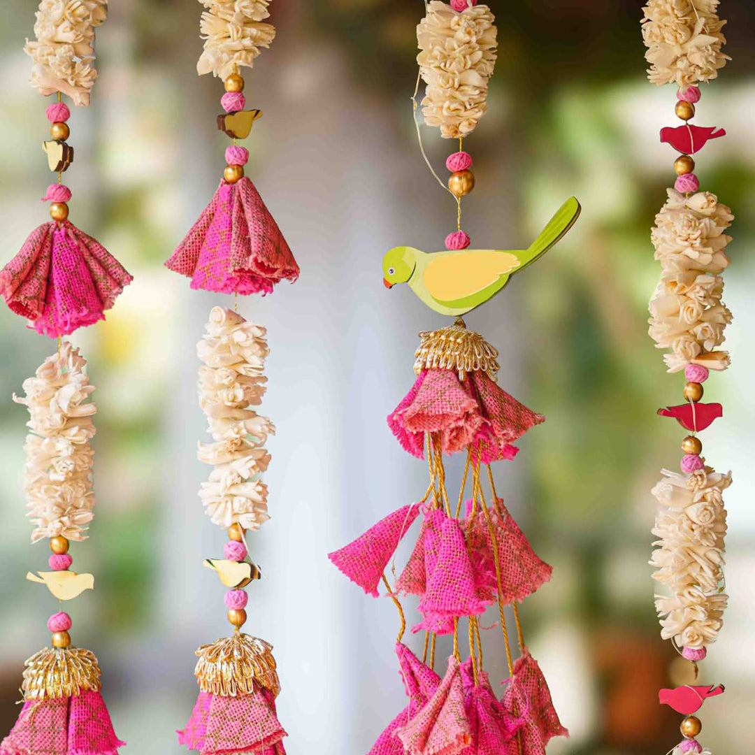6 Pc | Handmade Parandi Bird Jute Wall Hanging Strings in Different Lengths With LED Lights & Shola Accents