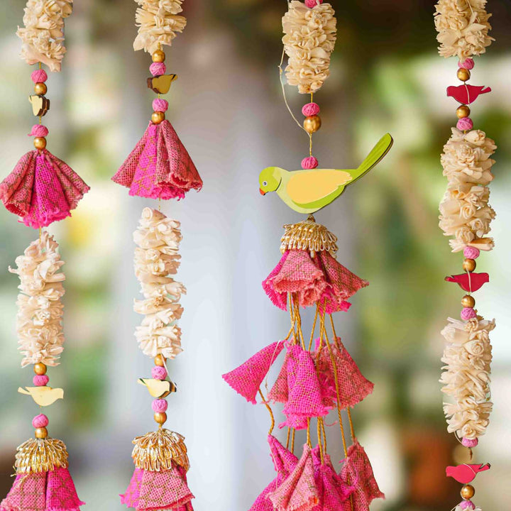 6 Pc | Handmade Parandi Bird Jute Wall Hanging Strings in Different Lengths With LED Lights & Shola Accents