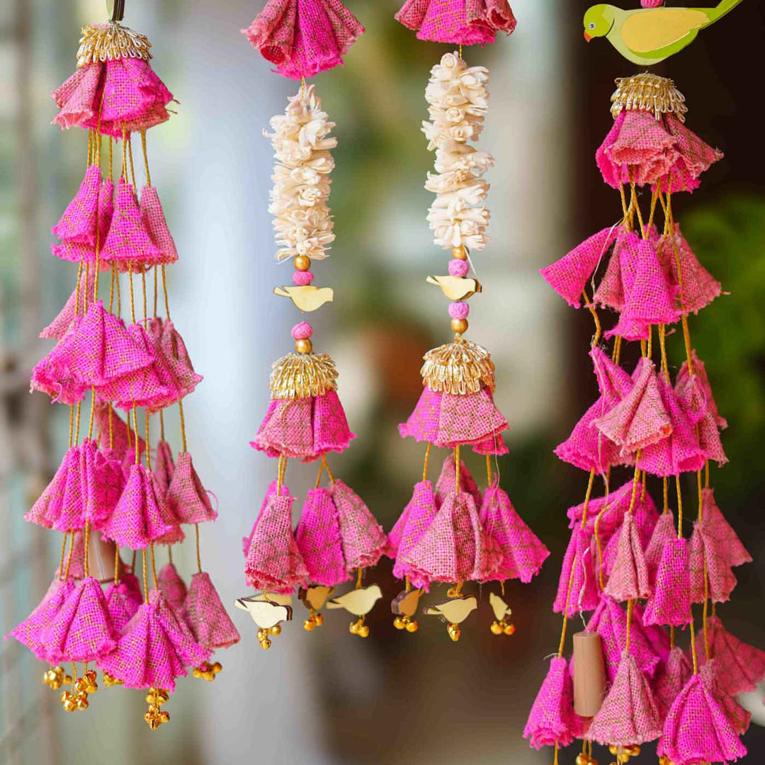 6 Pc | Handmade Parandi Bird Jute Wall Hanging Strings in Different Lengths With LED Lights & Shola Accents