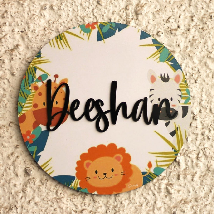 Personalized Printed Zoo Mdf Wood Kids Name Plate With 3D Letters - Mounted on textured wall close-up