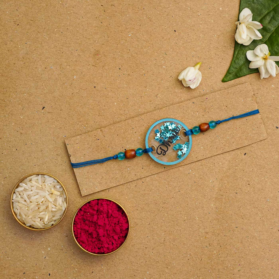 Personalized Handmade Round Glitter Acrylic Rakhi With Roli Chawal - Packaged with rice and kumkum (5)