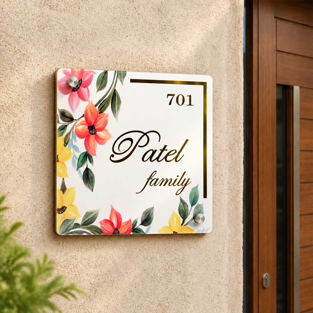 Floral Multicolour Personalized Square Acrylic Name Plate For Home