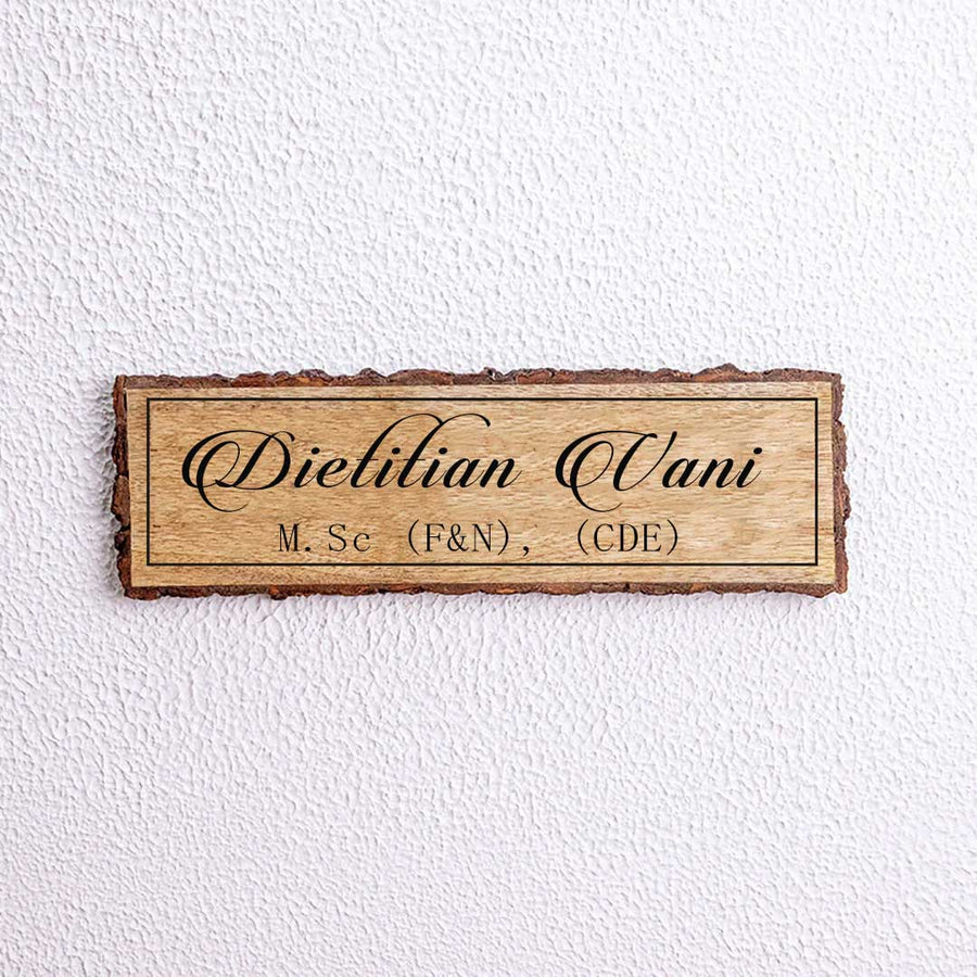 Handcrafted Mango Wood Personalized Professional Name Plate For Dietitian - Front View Mounted on Wall