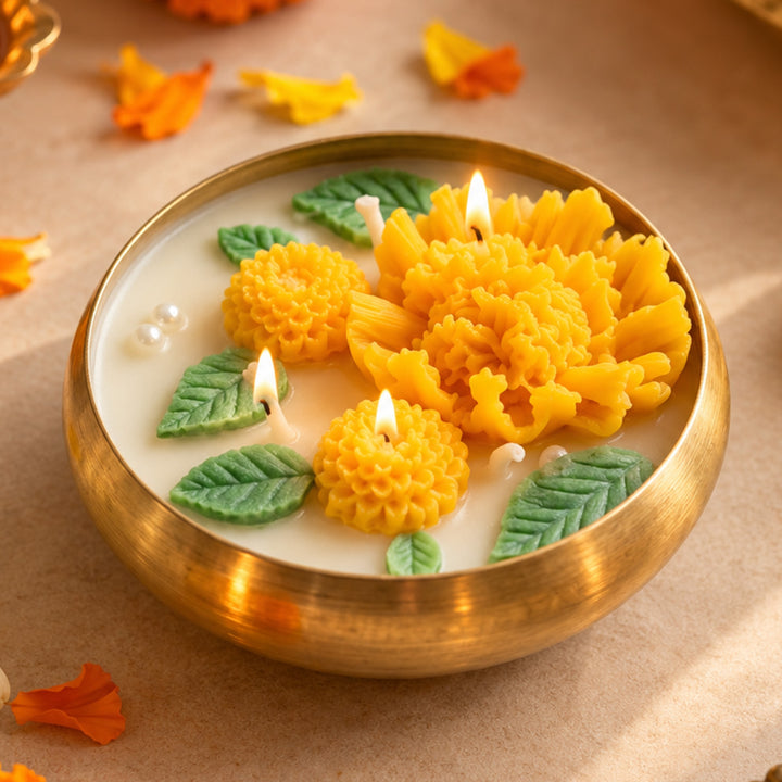 Handmade Shubha Gendaphool Design Metal Urli Soy Wax Scented Candle For Festive Decor