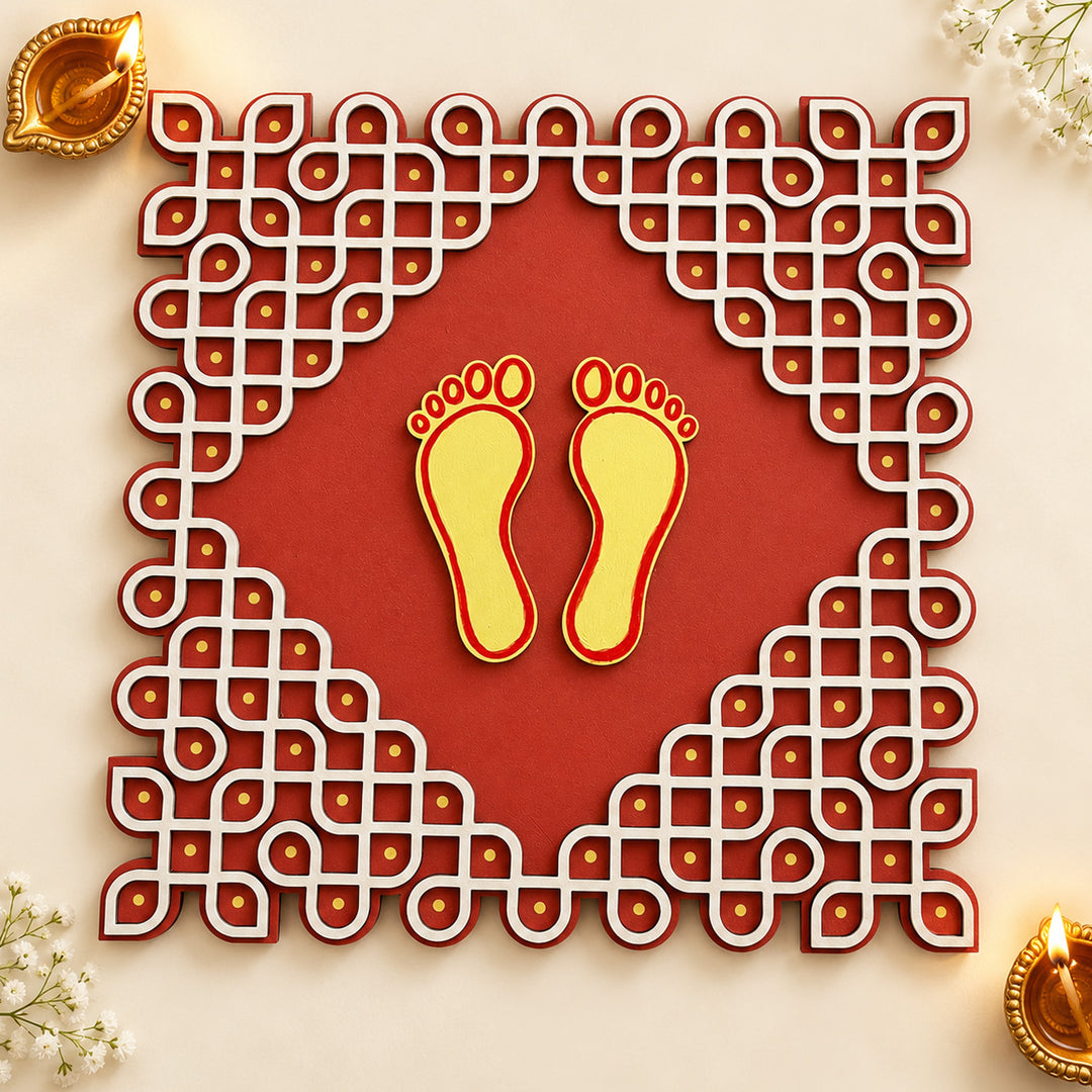 Hand-Painted Kolam With Footprints Mdf Rangoli For Festive Decor