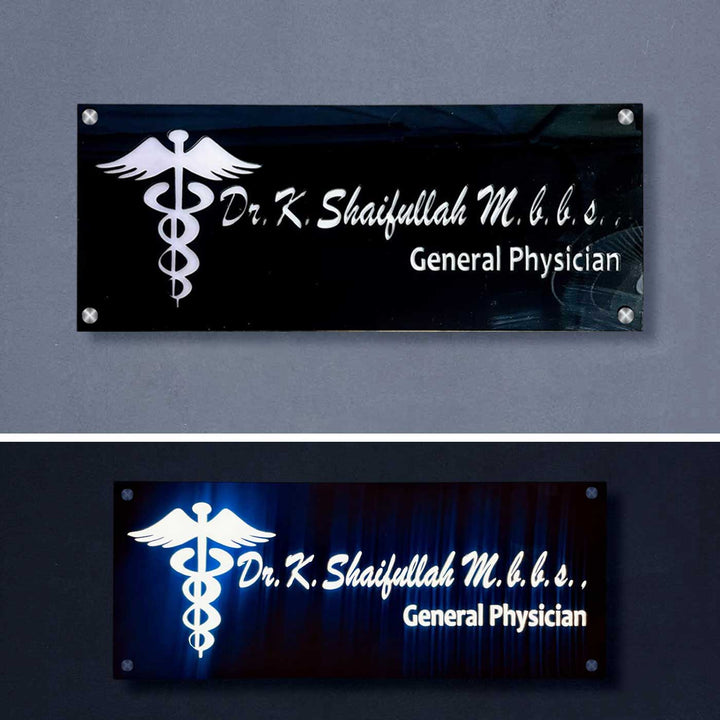 Personalized Waterproof Doctor Acrylic Led Name Plate - Front View Mounted on Wall
