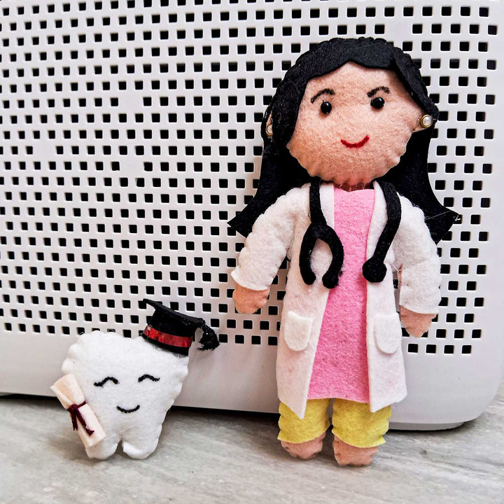 Personalized Doctor On Moon Felt Kids Name Plate For Kids - Front View Standing on Surface