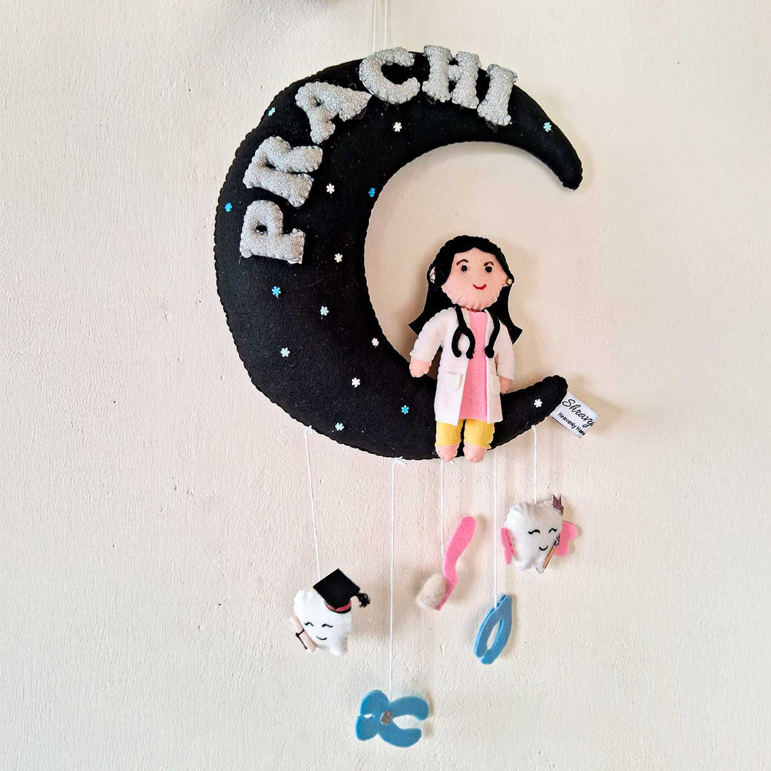 Personalized Doctor On Moon Felt Kids Name Plate For Kids - Hanging Wall Decor Front View