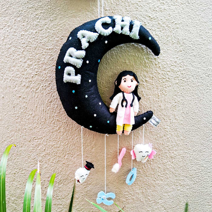 Personalized Doctor On Moon Felt Kids Name Plate For Kids - Hanging Wall Decoration Front View