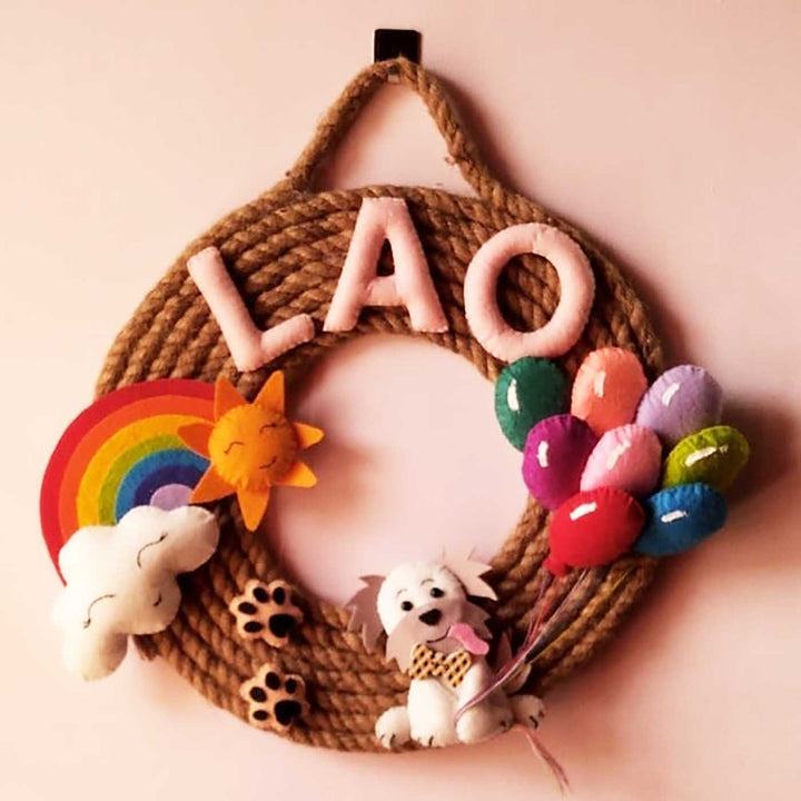 Personalized Dog Themed Jute Kids Name Plate - Front View Hanging on Wall Hook
