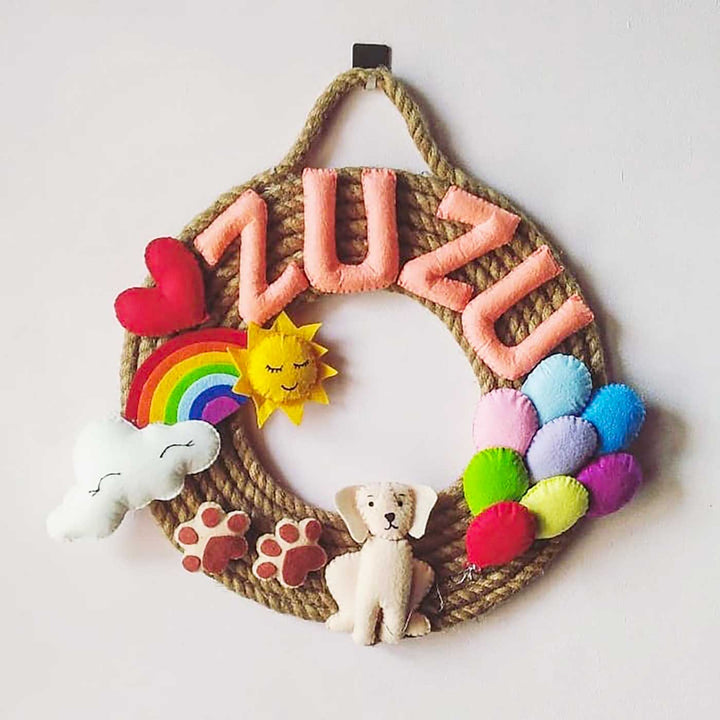 Personalized Dog Themed Jute Kids Name Plate 1 - Hanging Front View with Name Personalization