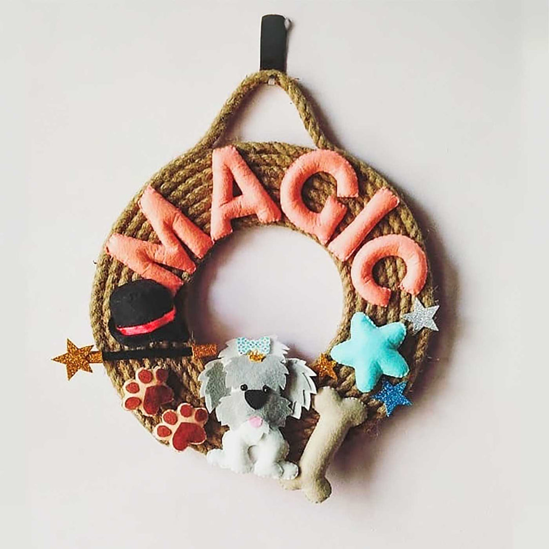 Personalized Dog And Bone Themed Jute Kids Name Plate - Front View Hanging on Wall