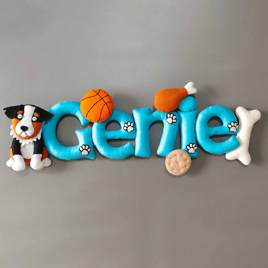 Hand Stitched Custom Themed Round Felt Dog Name Plate - Front View on Flat Surface