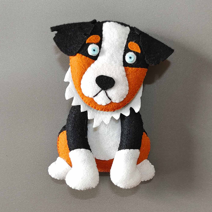 Hand Stitched Custom Themed Round Felt Dog Name Plate - Front View on Neutral Background