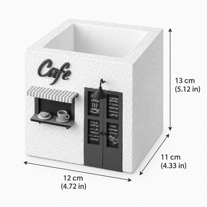 Handmade Café Themed White & Green Concrete Planter With Drainage Hole For Home Decor