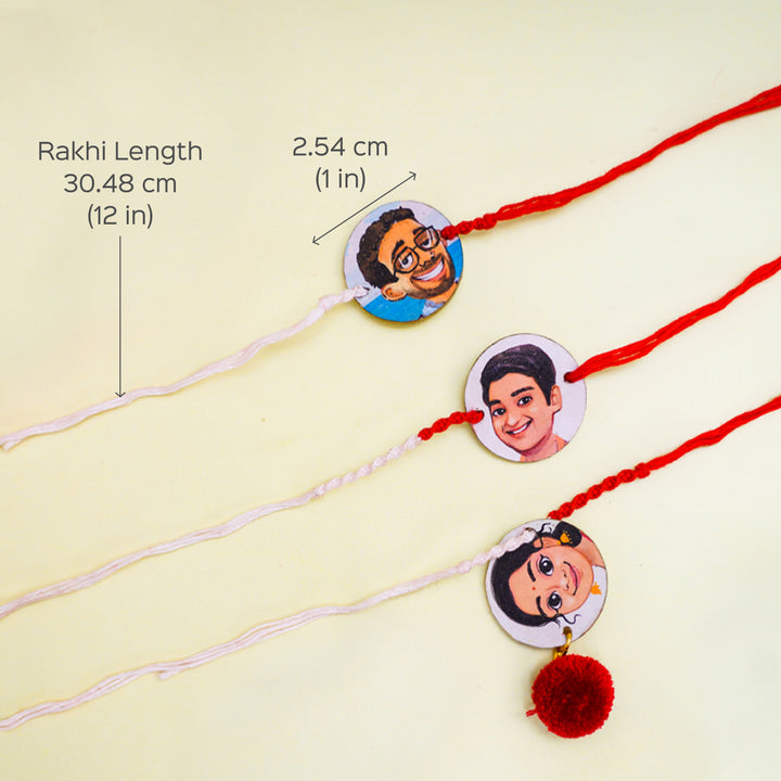 Handpainted Personalized Caricature Rakhi With Roli Chawal - Dimension details with multiple colors