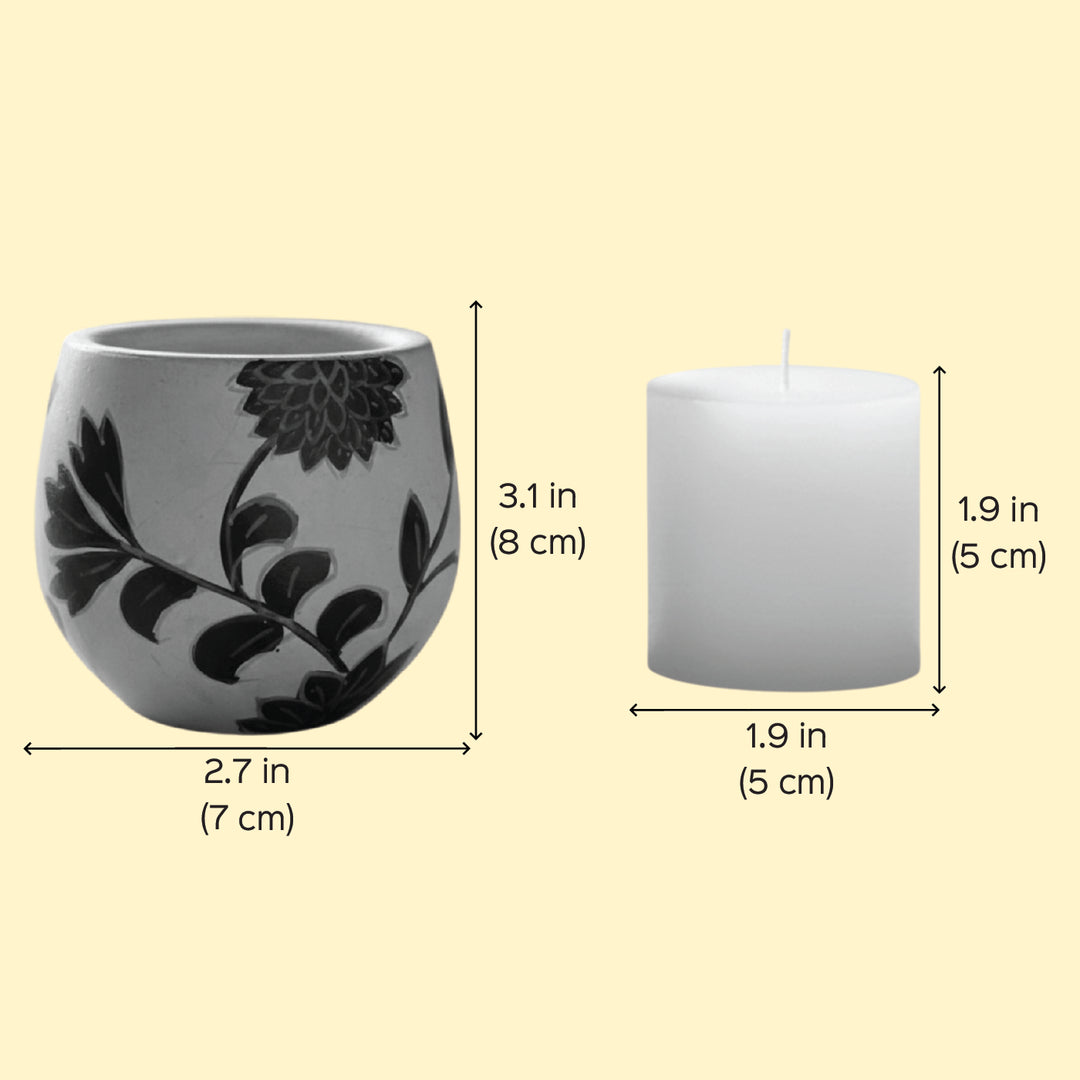 Hand-Painted Black Floral Terracotta Candle Holder With Candle