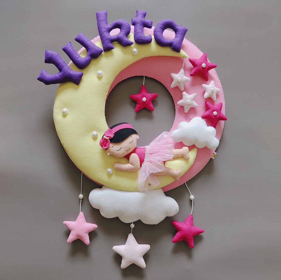 Hand Stitched Baby On The Moon Themed Round Felt Kids Name Plate For Girls - Front View with Name Personalization