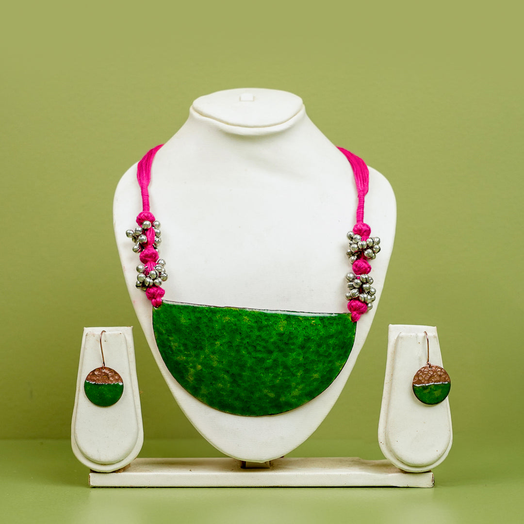 Handmade Half Moon Shaped Ghungroo Copper Enamel Pendant With Earrings