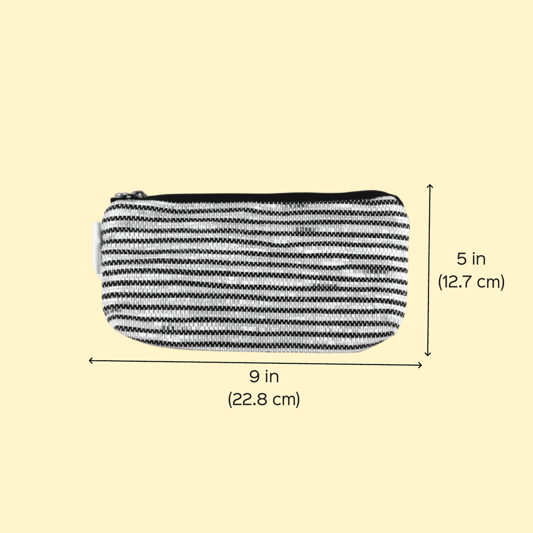 White and Silver Striped Upcycled Plastic Handcrafted Multi-Purpose Pouch