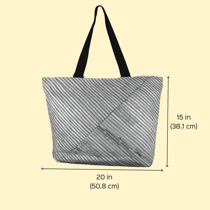 Silver and Blue Striped Upcycled Plastic Handcrafted Beach Tote Bag