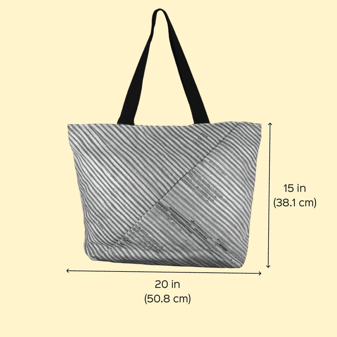 Silver and White Striped Upcycled Plastic Handcrafted Beach Tote Bag