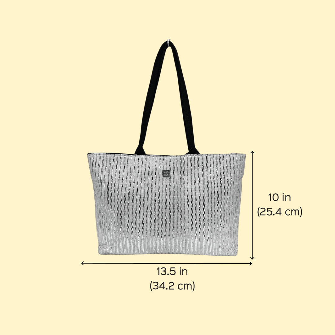 Handcrafted Golden and Silver Striped Upcycled Plastic 14" Office Tote Bag