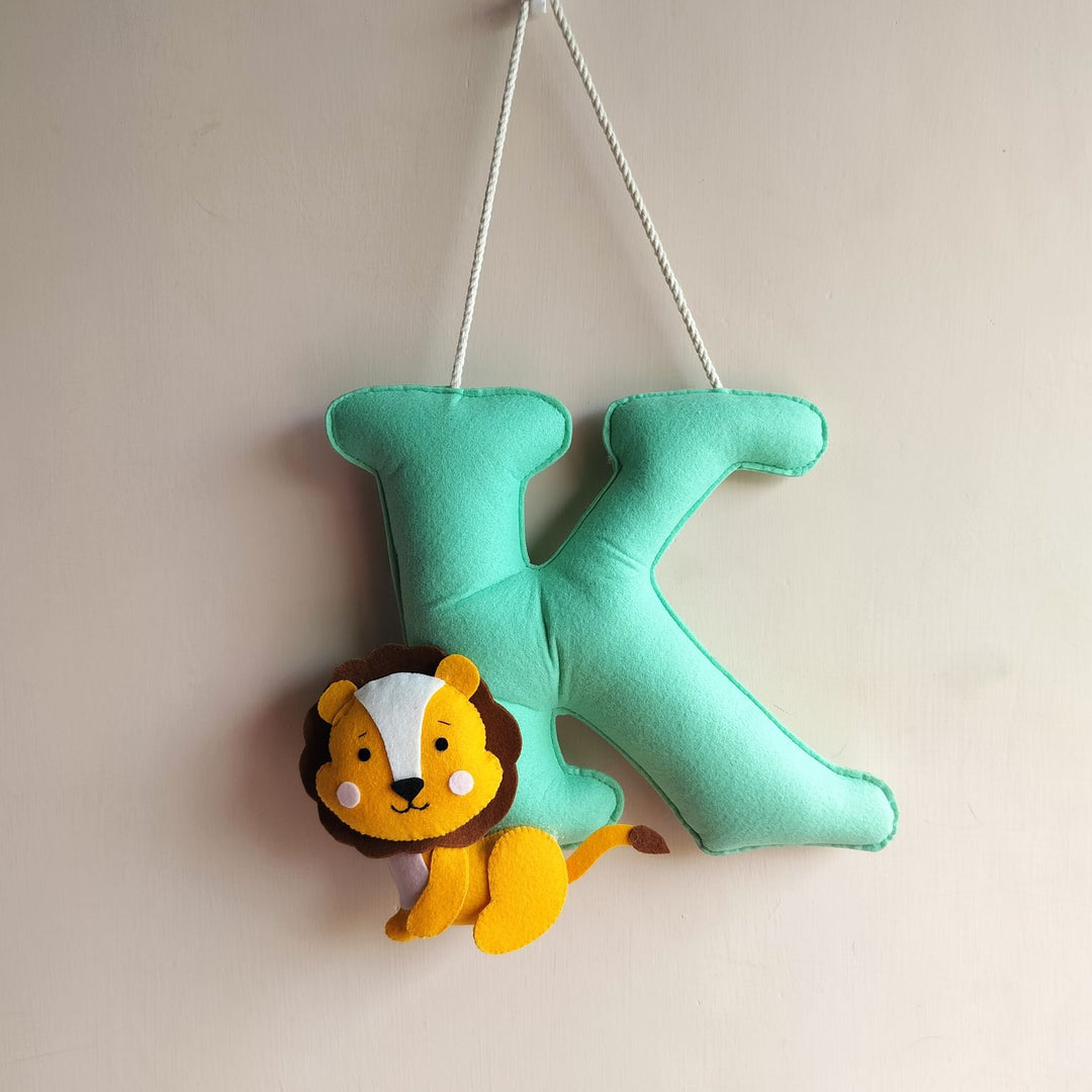 Customised Jumbo Felt Letters Initial Hanging For Kids - Hanging Front View with Lion Attachment
