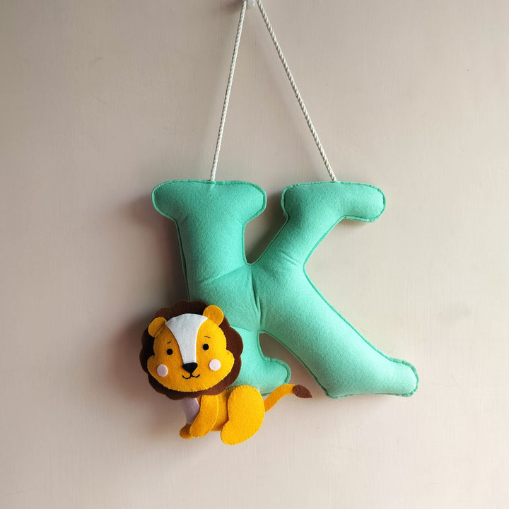 Customised Jumbo Felt Letters Initial Hanging For Kids - Hanging Front View with Lion Attachment